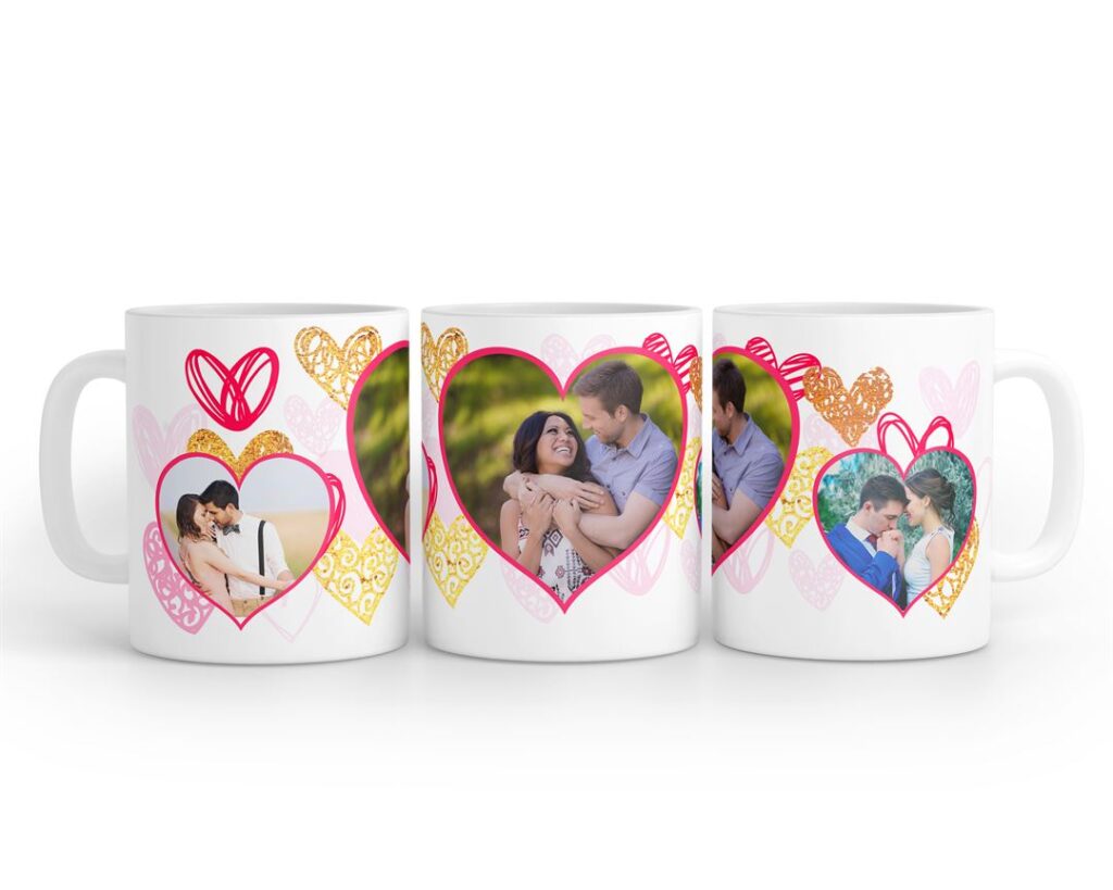 Buy 3 Heart Symbols Pic Upload With Golden Love Symbols Background Design Photo Mug Printing Online at Zapvi